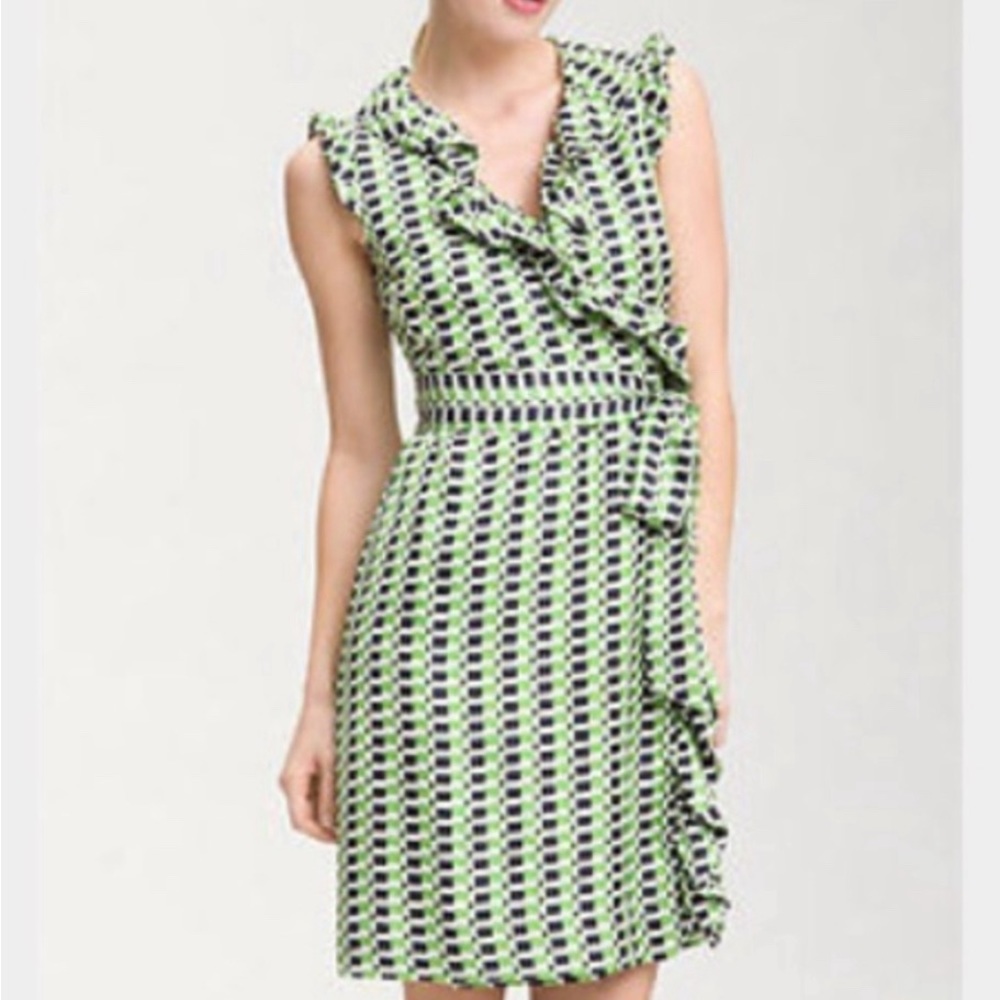 Kate Spade Aubrey Green Navy Silk Ruffled Neck Belted Wrap Dress size 4